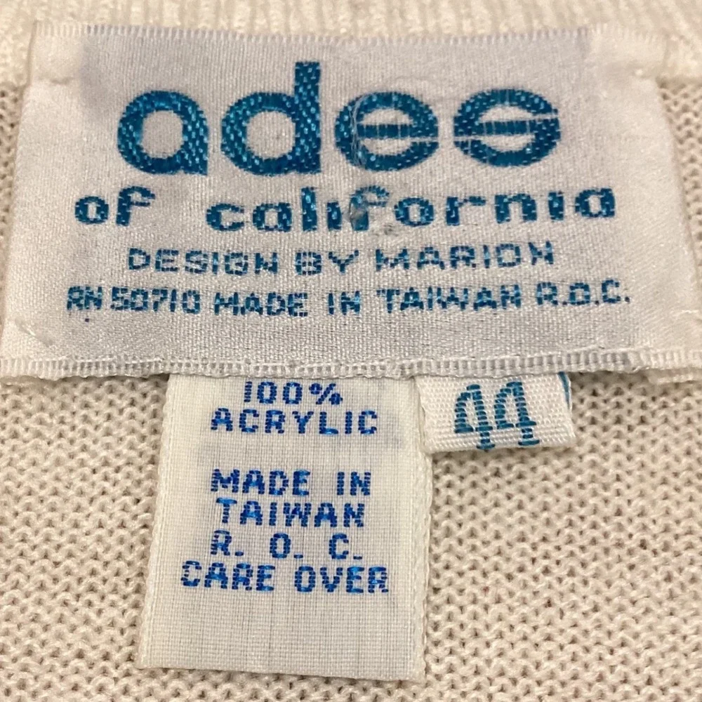 Vintage Ades of California Sweater White V-Neck, Embroidered Flowers/Butterflies